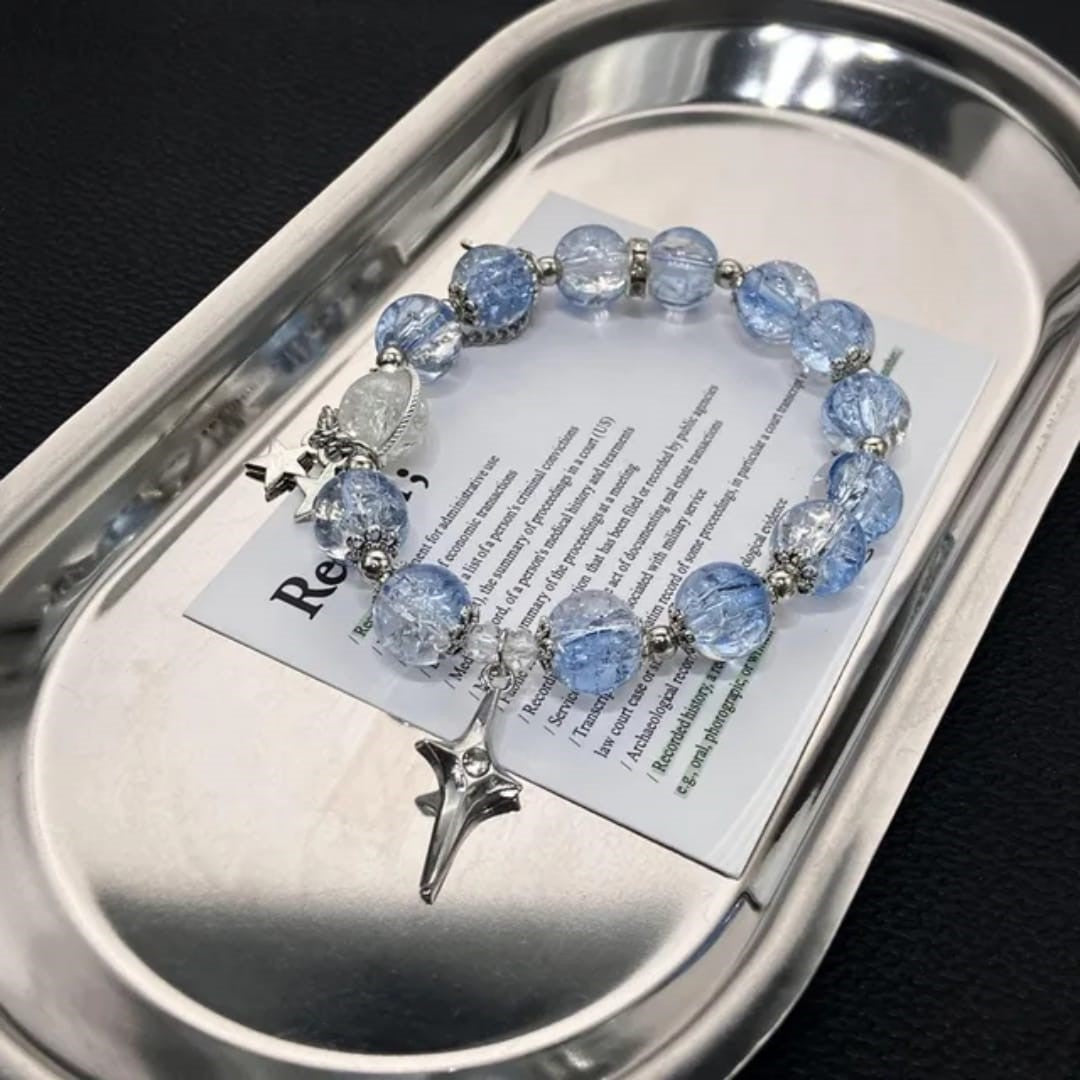 Blue and Clear Crystal Beaded Bracelet with Butterfly Charm