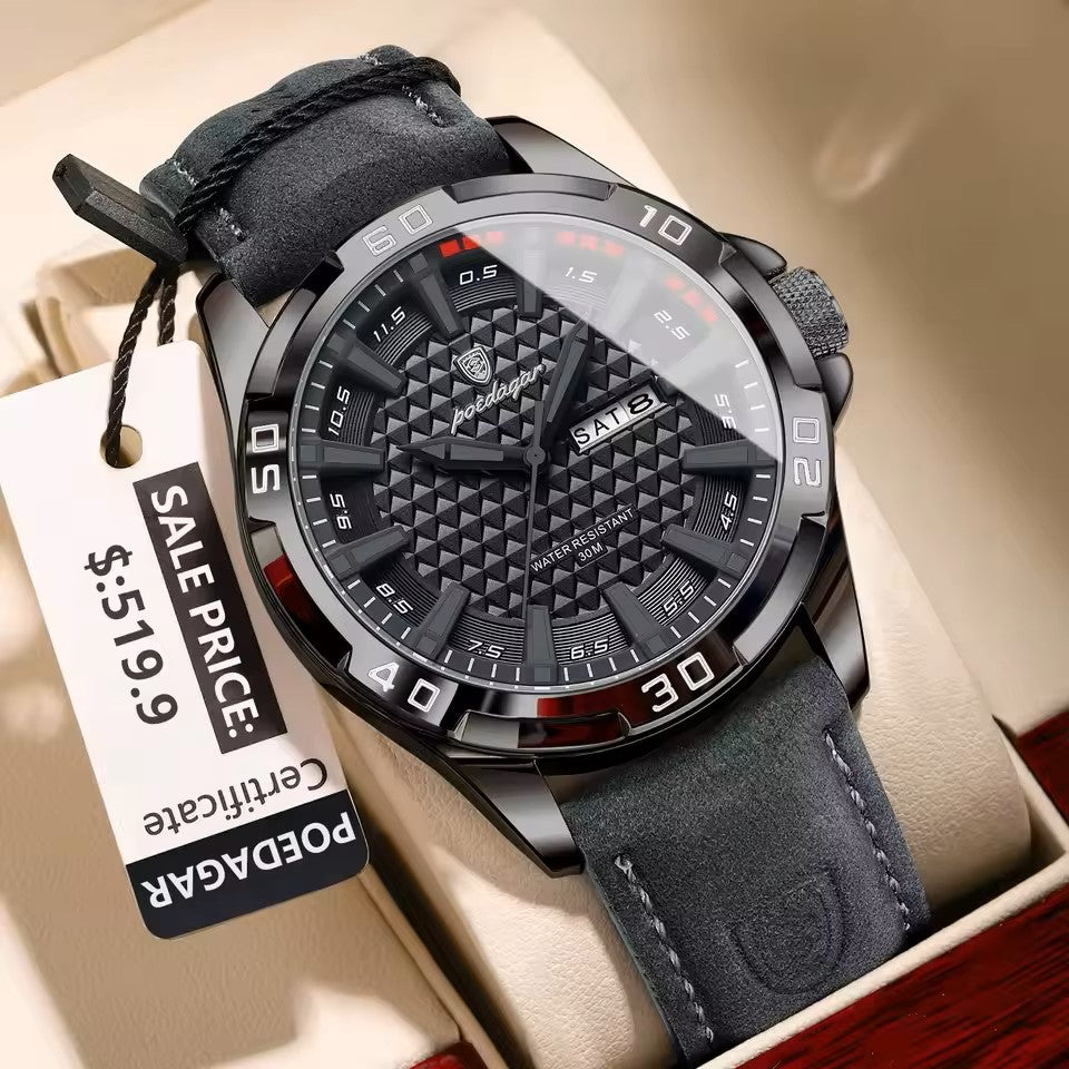 New POEDAGAR 895 Quartz 30 Miters Deep Waterproof Leather Strap Man Date Week Calendar Fashion Luminous Hands Business Men Watch