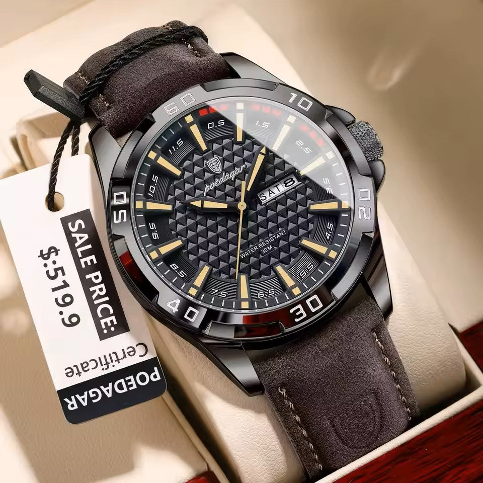 New POEDAGAR 895 Quartz 30 Miters Deep Waterproof Leather Strap Man Date Week Calendar Fashion Luminous Hands Business Men Watch