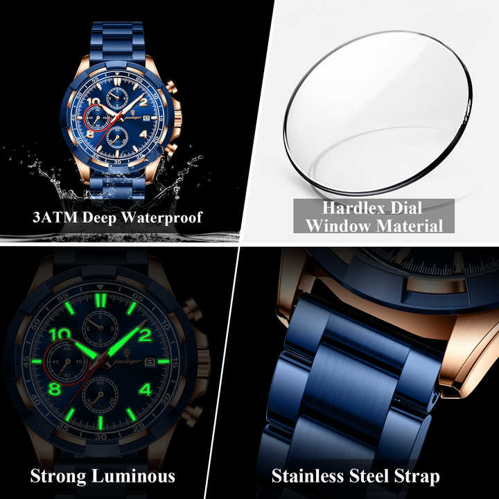 POEDAGAR 685 Multi-functional Dial Design Fashion & Luminous Water Resistant Stainless Steel Watches for Men