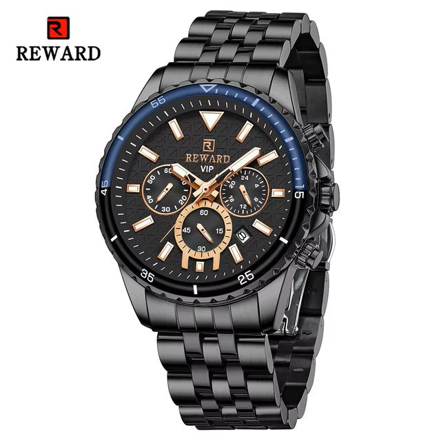 REWARD 81101 VIP Business High Quality Men Quartz Watch Original Stainless Steel Strap 3 Dials Chronograph Date Display Sports Wrist Watch