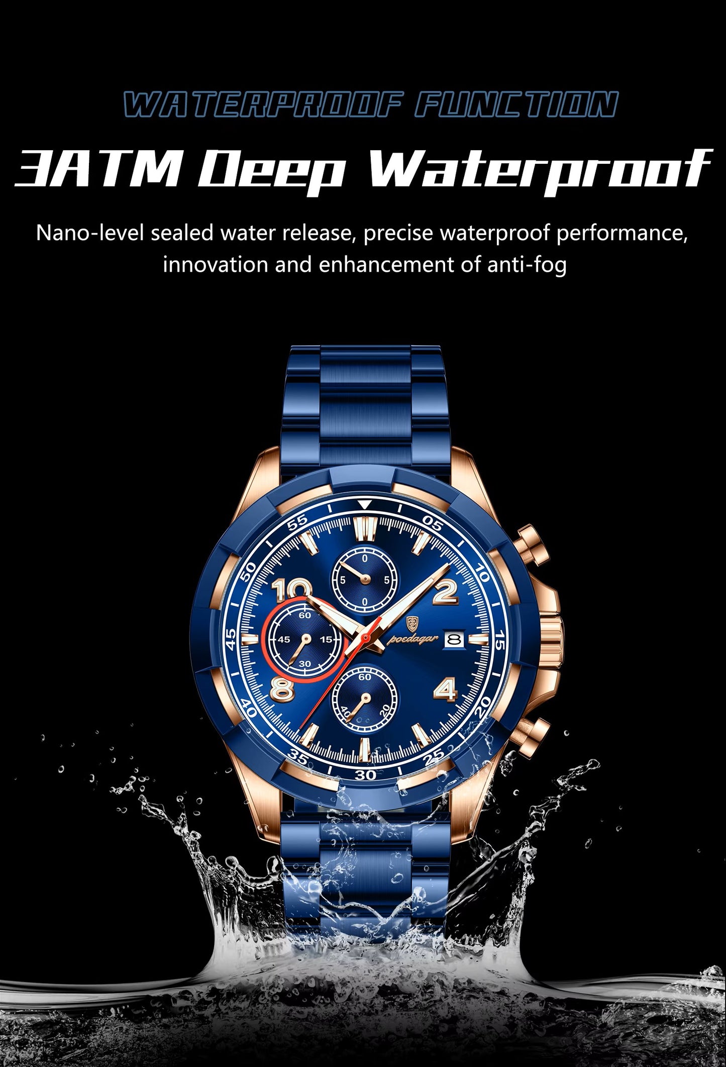 POEDAGAR 685 Multi-functional Dial Design Fashion & Luminous Water Resistant Stainless Steel Watches for Men