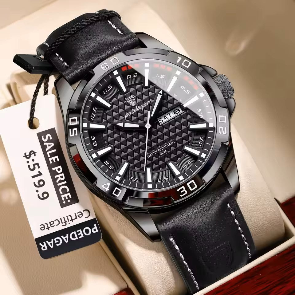 New POEDAGAR 895 Quartz 30 Miters Deep Waterproof Leather Strap Man Date Week Calendar Fashion Luminous Hands Business Men Watch