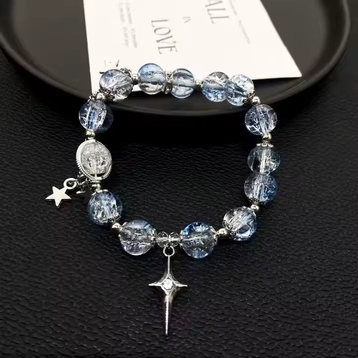 Blue and Clear Crystal Beaded Bracelet with Butterfly Charm