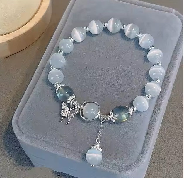 Blue and Clear Crystal Beaded Bracelet with Butterfly Charm