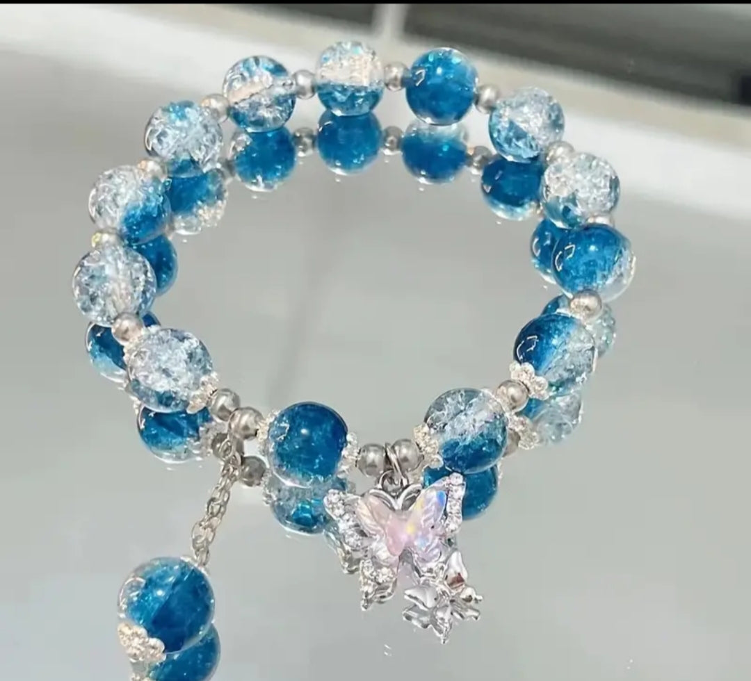 Blue and Clear Crystal Beaded Bracelet with Butterfly Charm