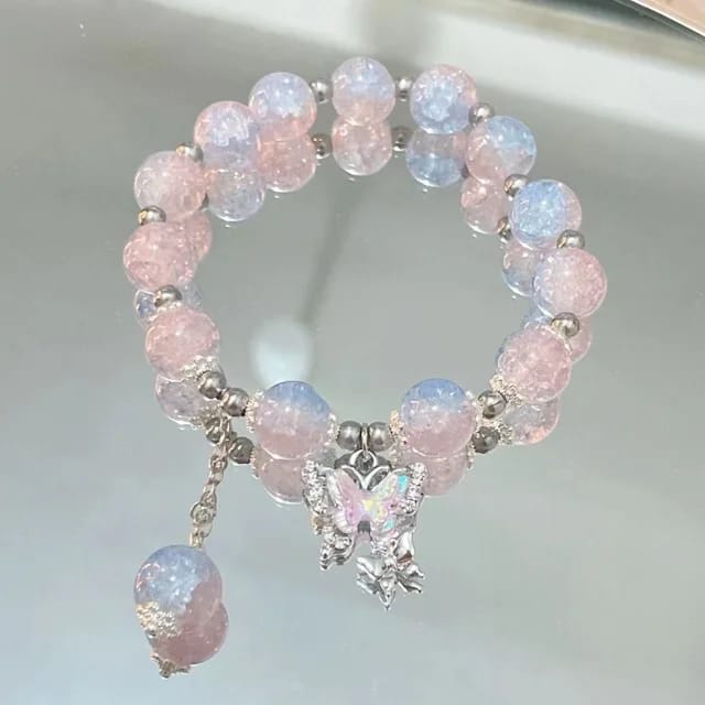 Blue and Clear Crystal Beaded Bracelet with Butterfly Charm