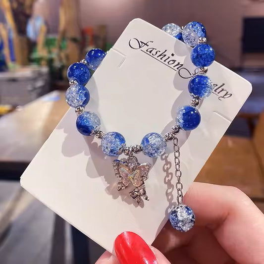 Blue and Clear Crystal Beaded Bracelet with Butterfly Charm