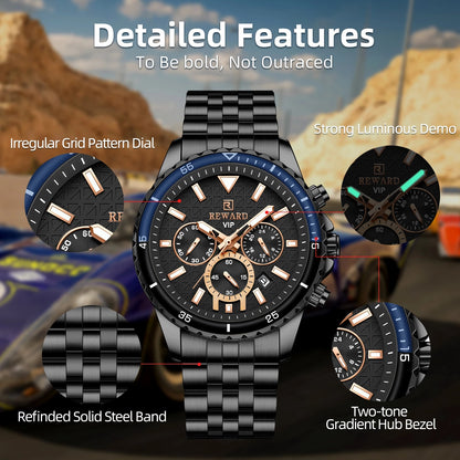 REWARD 81101 VIP Business High Quality Men Quartz Watch Original Stainless Steel Strap 3 Dials Chronograph Date Display Sports Wrist Watch