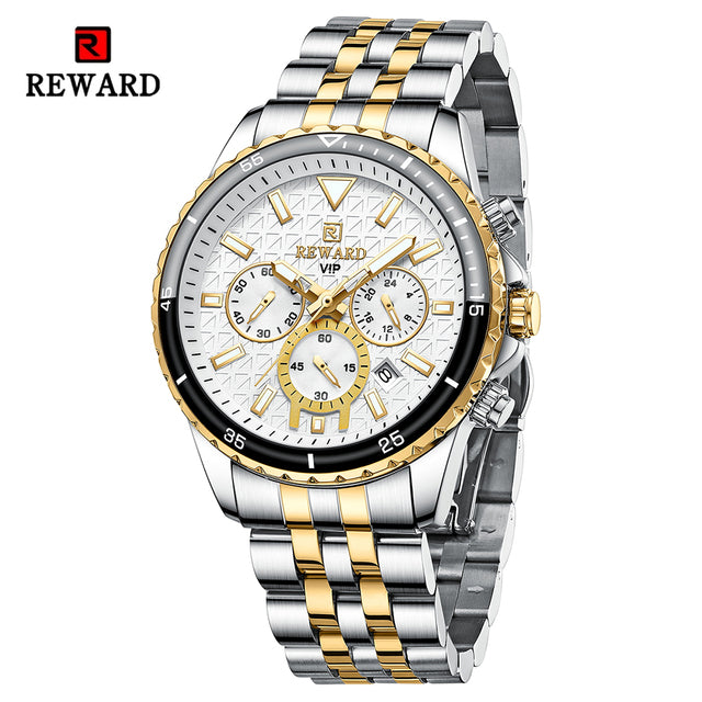 REWARD 81101 VIP Business High Quality Men Quartz Watch Original Stainless Steel Strap 3 Dials Chronograph Date Display Sports Wrist Watch