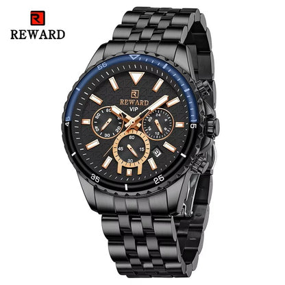 REWARD 81101 VIP Business High Quality Men Quartz Watch Original Stainless Steel Strap 3 Dials Chronograph Date Display Sports Wrist Watch