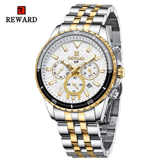 REWARD 81101 VIP Business High Quality Men Quartz Watch Original Stainless Steel Strap 3 Dials Chronograph Date Display Sports Wrist Watch