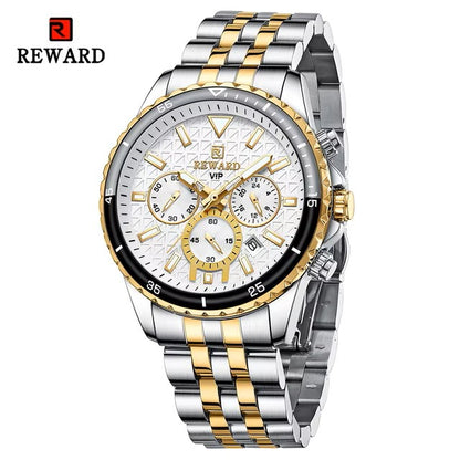 REWARD 81101 VIP Business High Quality Men Quartz Watch Original Stainless Steel Strap 3 Dials Chronograph Date Display Sports Wrist Watch