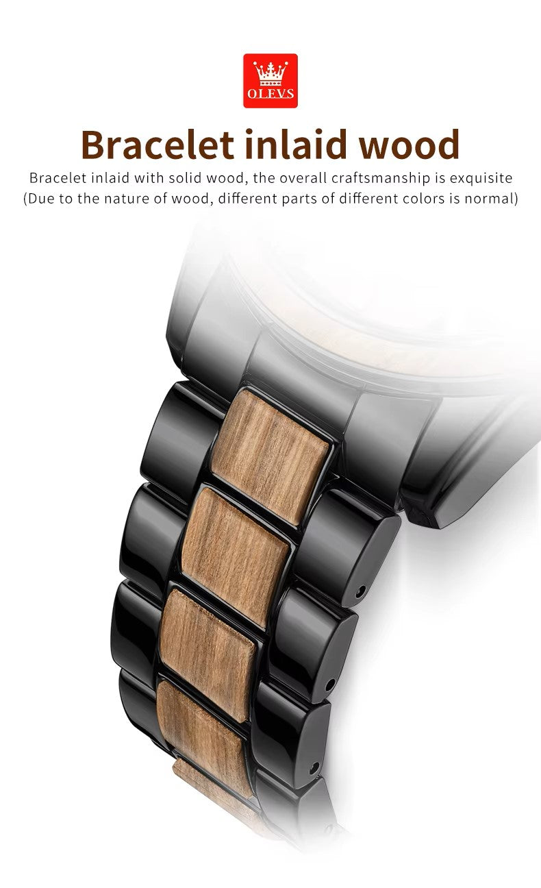 OLEVS 3645 Chronograph Luminous Hands Waterproof Wrist Stainless Textured Solid Wood Quartz Watches Moon Phase Watches for Men