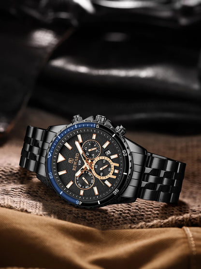 REWARD 81101 VIP Business High Quality Men Quartz Watch Original Stainless Steel Strap 3 Dials Chronograph Date Display Sports Wrist Watch