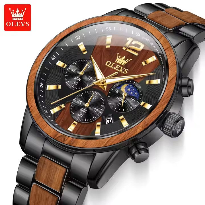 OLEVS 3645 Chronograph Luminous Hands Waterproof Wrist Stainless Textured Solid Wood Quartz Watches Moon Phase Watches for Men