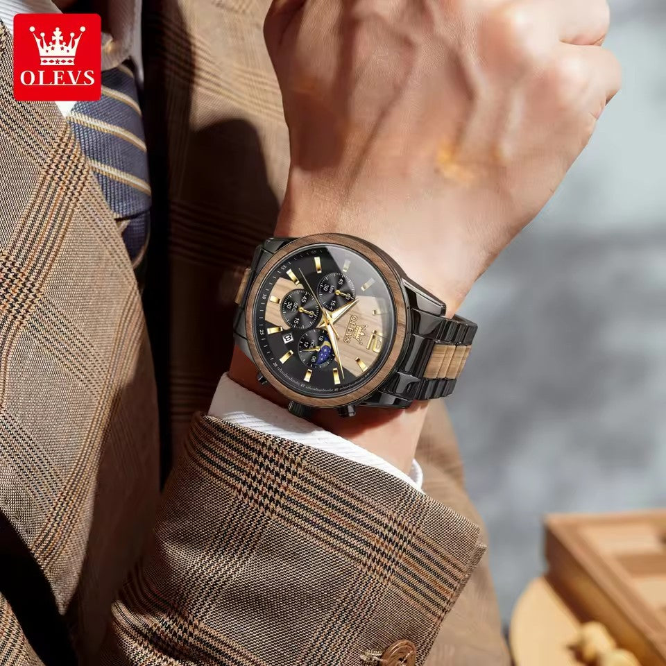 OLEVS 3645 Chronograph Luminous Hands Waterproof Wrist Stainless Textured Solid Wood Quartz Watches Moon Phase Watches for Men