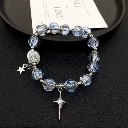 Blue and Clear Crystal Beaded Bracelet with Butterfly Charm