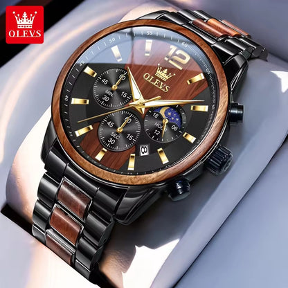 OLEVS 3645 Chronograph Luminous Hands Waterproof Wrist Stainless Textured Solid Wood Quartz Watches Moon Phase Watches for Men