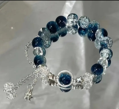 Blue and Clear Crystal Beaded Bracelet with Butterfly Charm