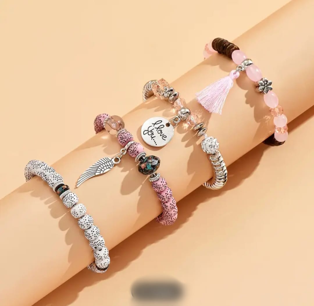 4 Pieces Stackable Crystal Bracelet Handmade Tassel Pendants Fine Bracelets for Women