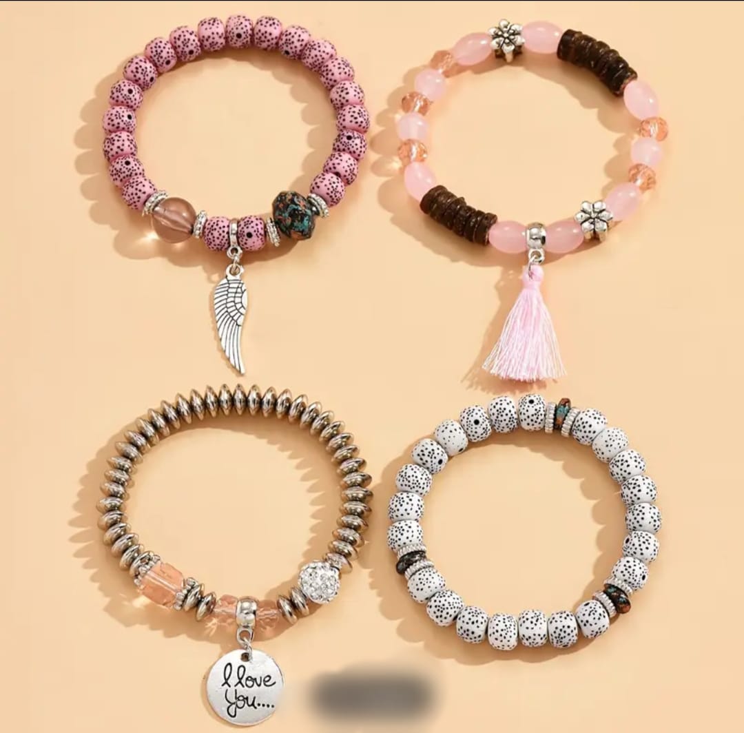 4 Pieces Stackable Crystal Bracelet Handmade Tassel Pendants Fine Bracelets for Women