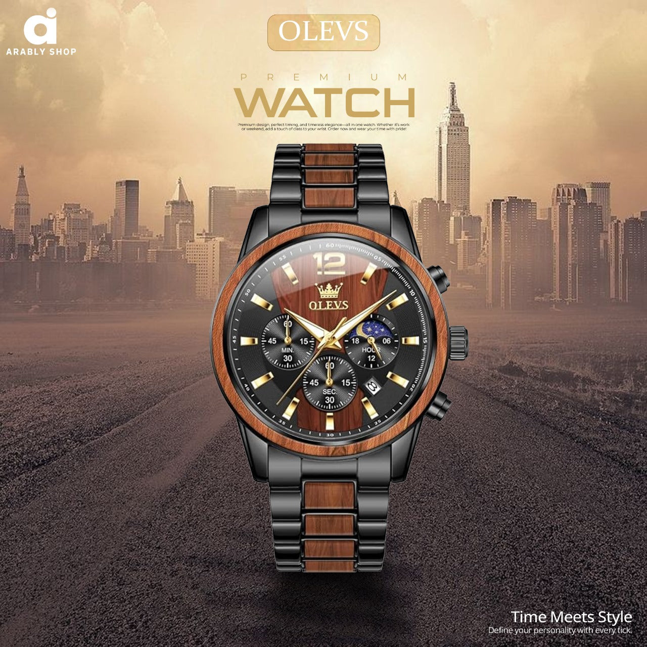OLEVS 3645 Chronograph Luminous Hands Waterproof Wrist Stainless Textured Solid Wood Quartz Watches Moon Phase Watches for Men