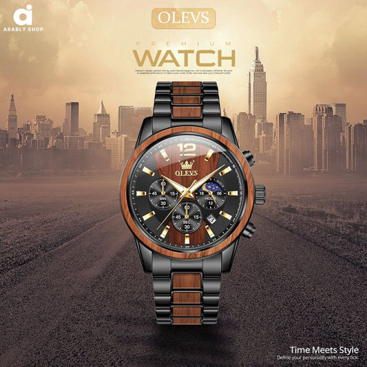 OLEVS 3645 Chronograph Luminous Hands Waterproof Wrist Stainless Textured Solid Wood Quartz Watches Moon Phase Watches for Men